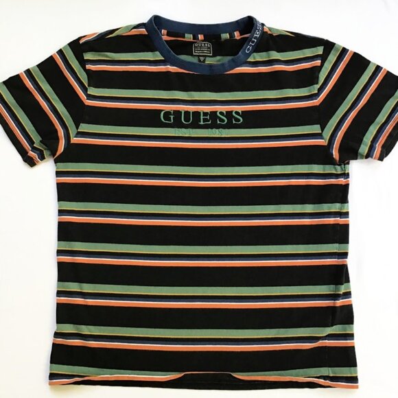 2 Guess Originals T Shirts Mens M White Gray Black Striped Retro Embroidered S/S - Picture 2 of 12